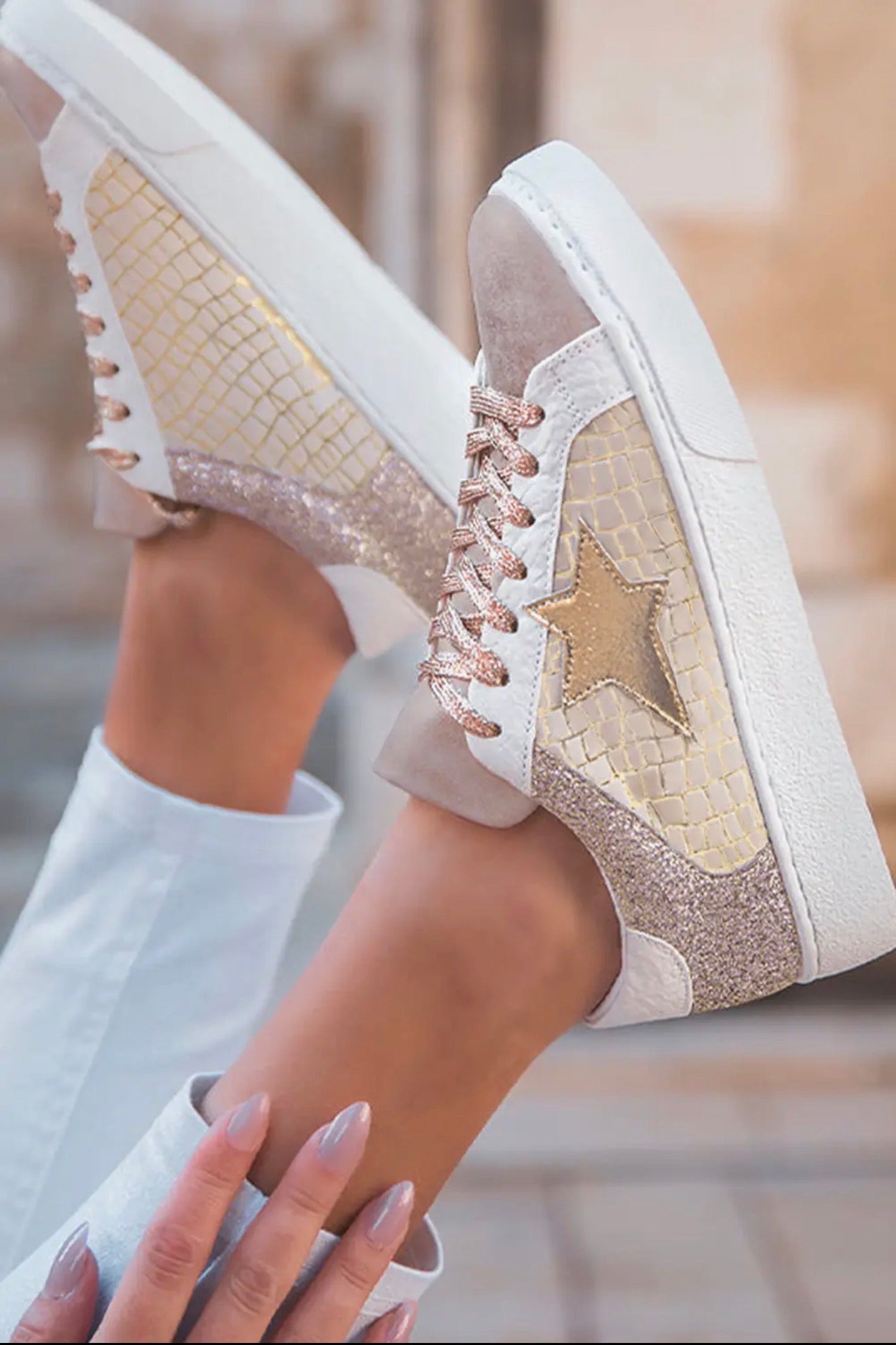 Gold Glitter Star Patchwork Pu Leather Lace Sneakers